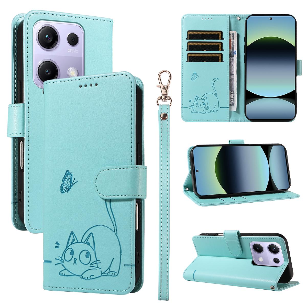 

Для Xiaomi Poco M6 Pro 4G/Xiaomi Redmi Note 14S 4G/Xiaomi Redmi Note 13 Pro 4G Чохол Шкіряний чохол для телефону з відбитком котячого візерунка та ремінцем на зап ястя Green