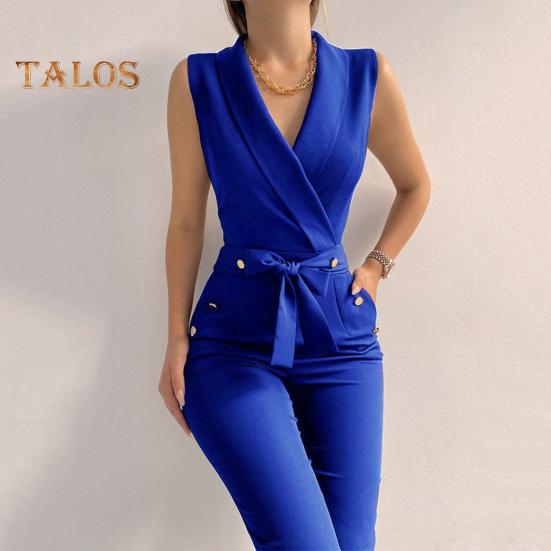 Letní Dámský overal Bez rukávů Výstřih do V Slim Fit Knoflík Dekor Šněrovací Pásek Čistá barva Široká noha Formální Overal v obchodním stylu Dojíždění