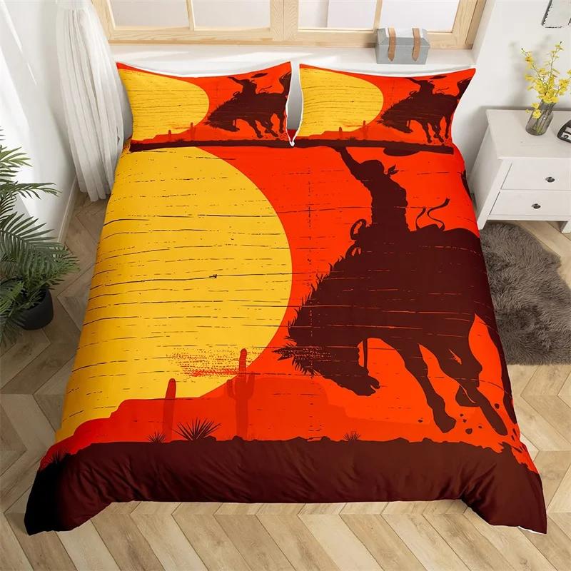Western Cowboy Duvet Cover Set Single King Wild West Themed Cowboy Bedding Set Microfiber Rodeo Cowboy Riding Horse Quilt Cover