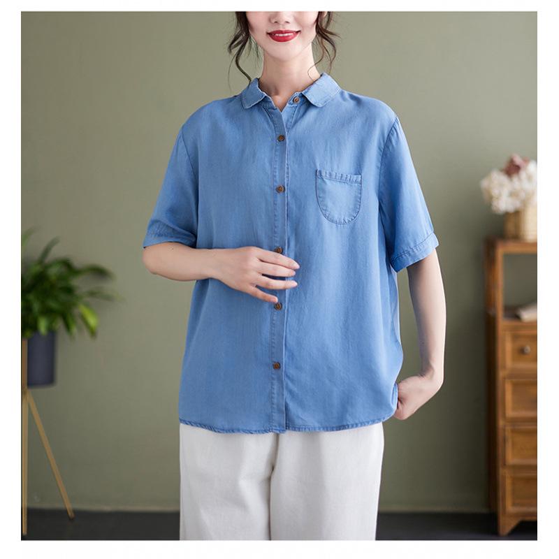 2022 Summer Artistic Loose-Fit Plus Size Retro Tencel Denim Short Sleeve Shirt XL