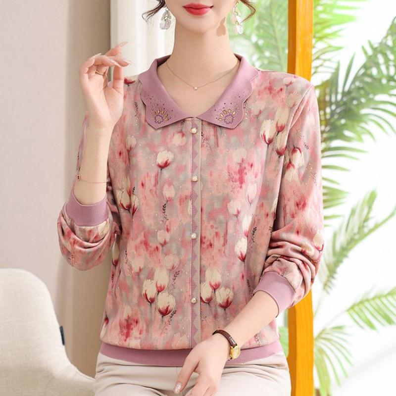 Mom's Spring Lapel Base Layer: Elegant Plus Size Long-Sleeve Shirt for Women 50+