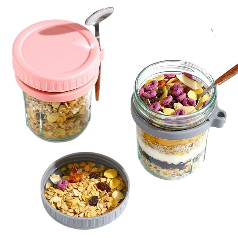Customized 350ml Glass Oats Cup with Spoon: Portable, Sealed, Lightweight Yogurt & Fruit Breakfast Cup