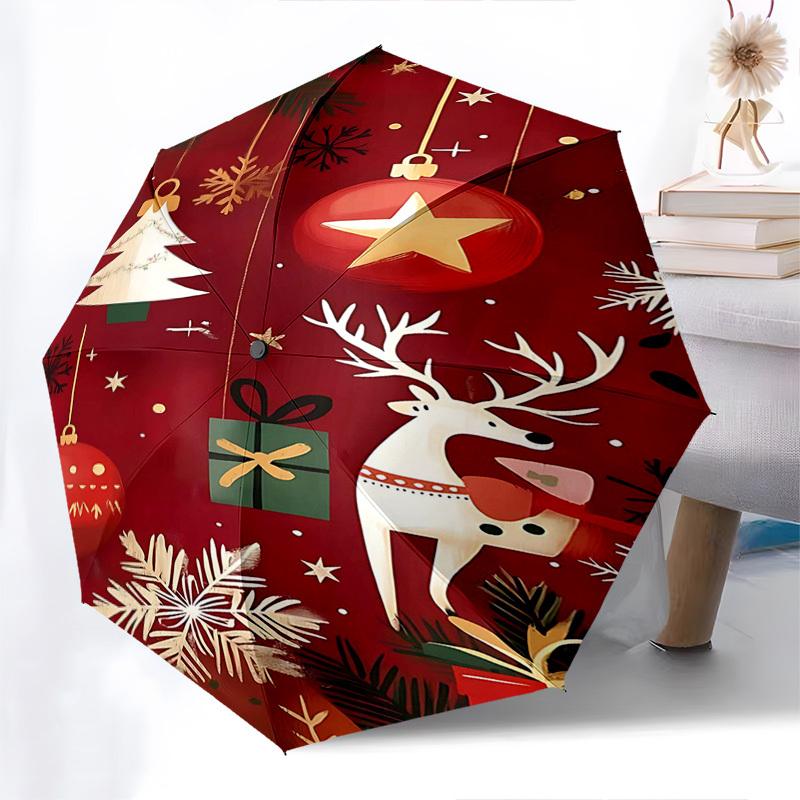 

1pc Christmas Festive Automatic Opening/Closing Umbrella with Snowflakes, Presents & Reindeer Design, Portable Folding Design, 8-Rib Iron Frame Outdoo