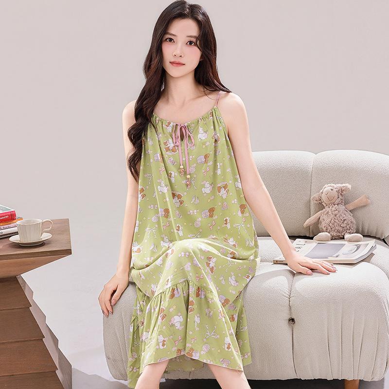 Gentle Wind Gradual Change Tie-dye Cotton and Silk Suspender Nightdress Ruffle Edge Hem Loose Pajama Skirt Women Large Size Home Skirt