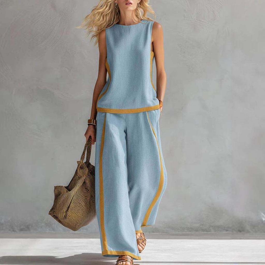 2026 Women's Spring/Summer Color Block Sleeveless Vest & Wide-Leg Pants Set