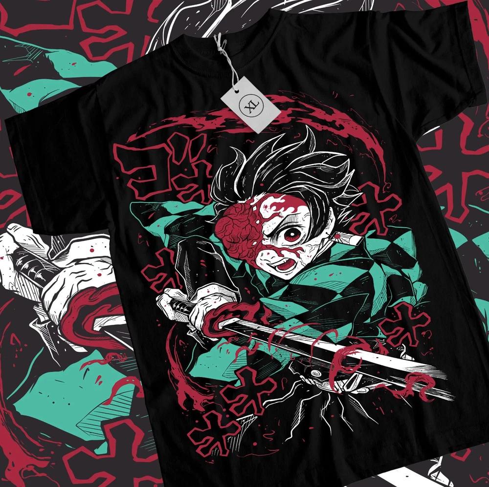Anime Demon Slayer Kimetsu No Yaiba Tanjiro Graphic Black TShirt Size S4XL