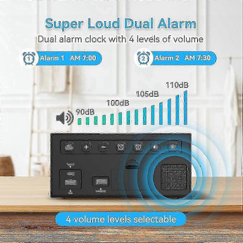 Vibrationswecker für Tiefschläfer, lauter Ton, große Ziffern, 5 Helligkeitsstufen (Schwarz und blau)