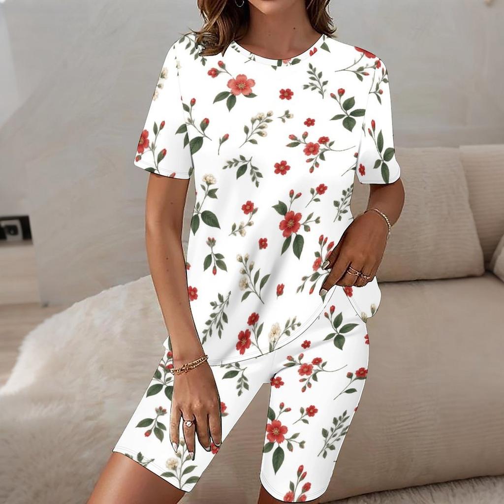 Women Plus Size Floral Printed Round Neck Short Sleeve Longline Top Fitted Shorts Two Piece Loungewear Set