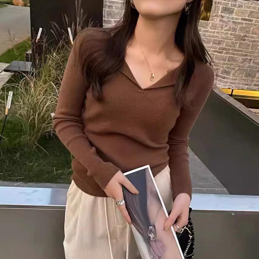 Base Layer Women Premium V Neck Knit Top Spring Shirt Slim White Elegant