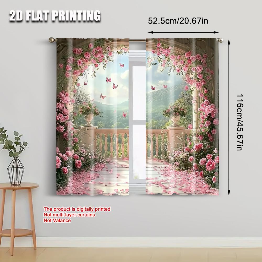 2pcs   Spring Summer Curtains Roses Balcony Mountain Butterfly View Light Filtering Sheer Curtains Versatile Polyester Fabric