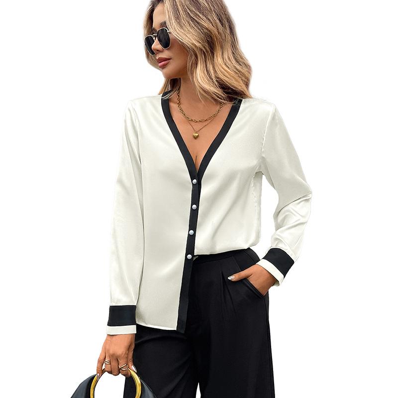 Nuova Camicia Autunnale Sexy ed Elegante con Bottoni di Perla, Scollo a V Profondo, Bicolore, Monopetto per Donna