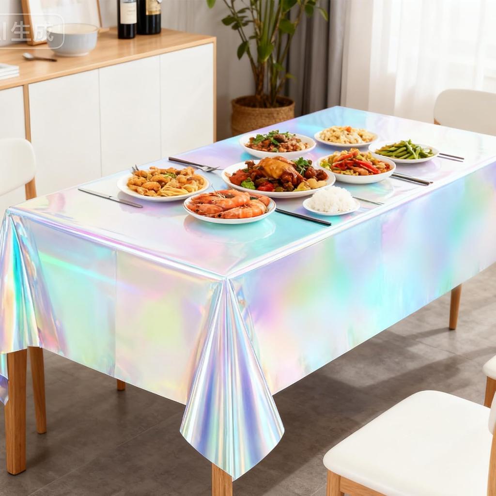MUSSIN 3 Pack Iridescent Plastic Tablecloths, Shiny Rectangle Disposable Table Covers Iridescent Party Decoration 54" x 108"