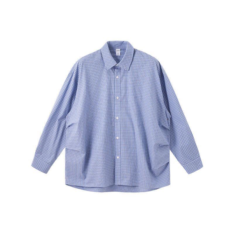 

Japanese Retro Style Pleated Plaid Long-Sleeve Shirt for Men and Women 2025 Autumn Trendy Brand Miu Casual Cardigan Jacket Blue Plaid XL