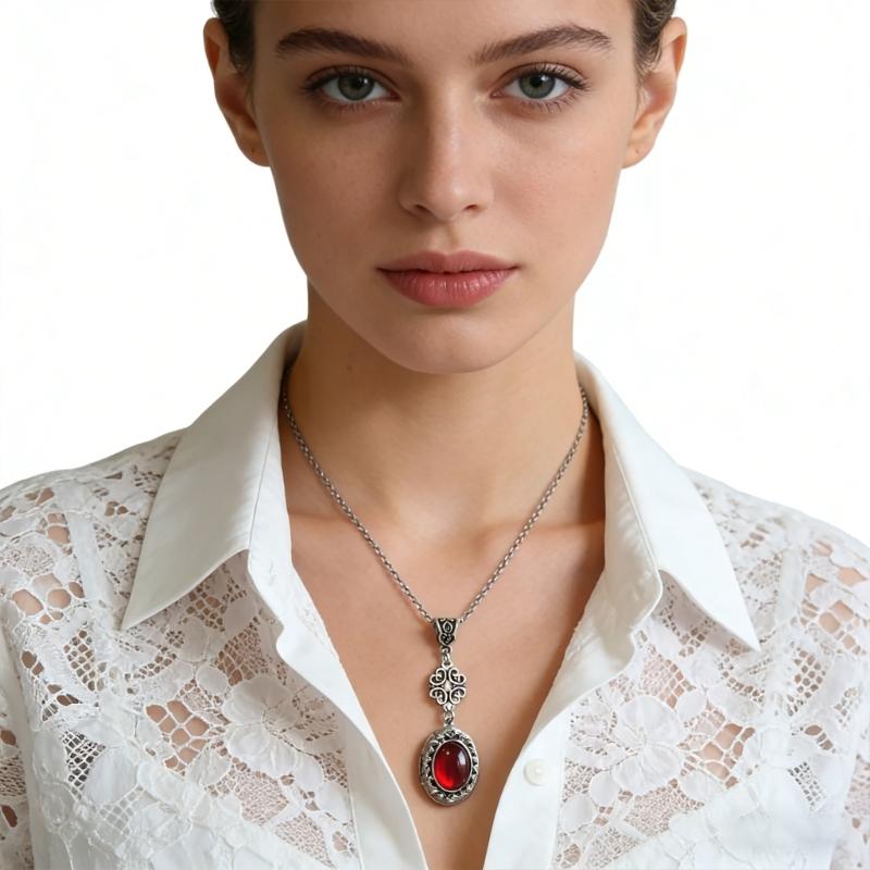 Fantasy Themed Oval Pendant Necklace Gothic Victorian Neckchain Stylish Jewelry With Vintage Gemstones