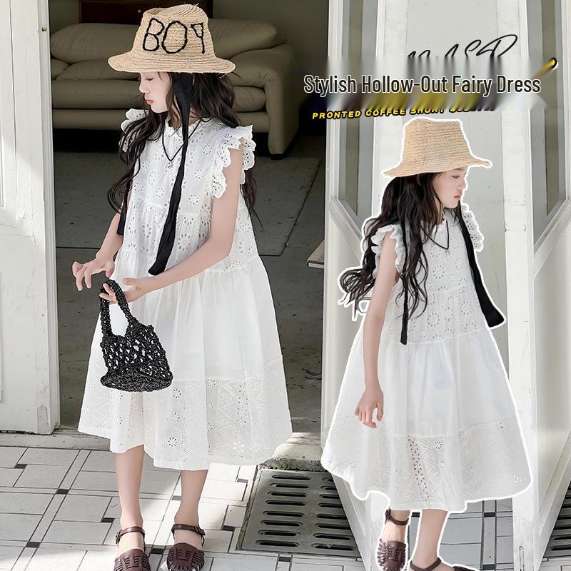 Summer 2025 Girls' Lace Princess Dress - Trendy Long Style for Big Children