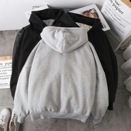 Fall Winter Men Coat Zip-up Long Sleeves Elastic Cuff Thick Plus Size Drawstring Plush Solid Color Loose Pockets Daily Sport Hoodie