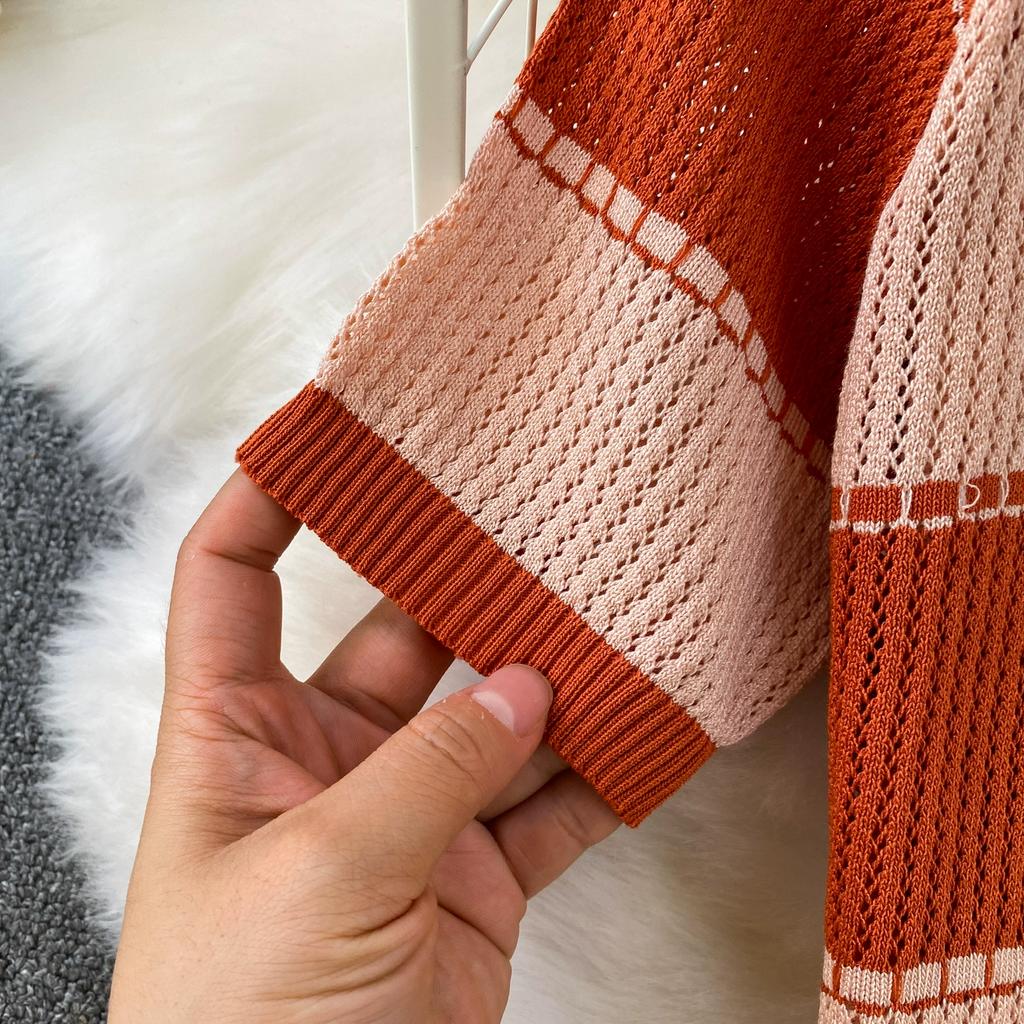 Summer Women Chic Striped Knitted Sweater Trouser Two Piece Set Short Sleeve Pullover Tops and Wide Leg Pant Suit