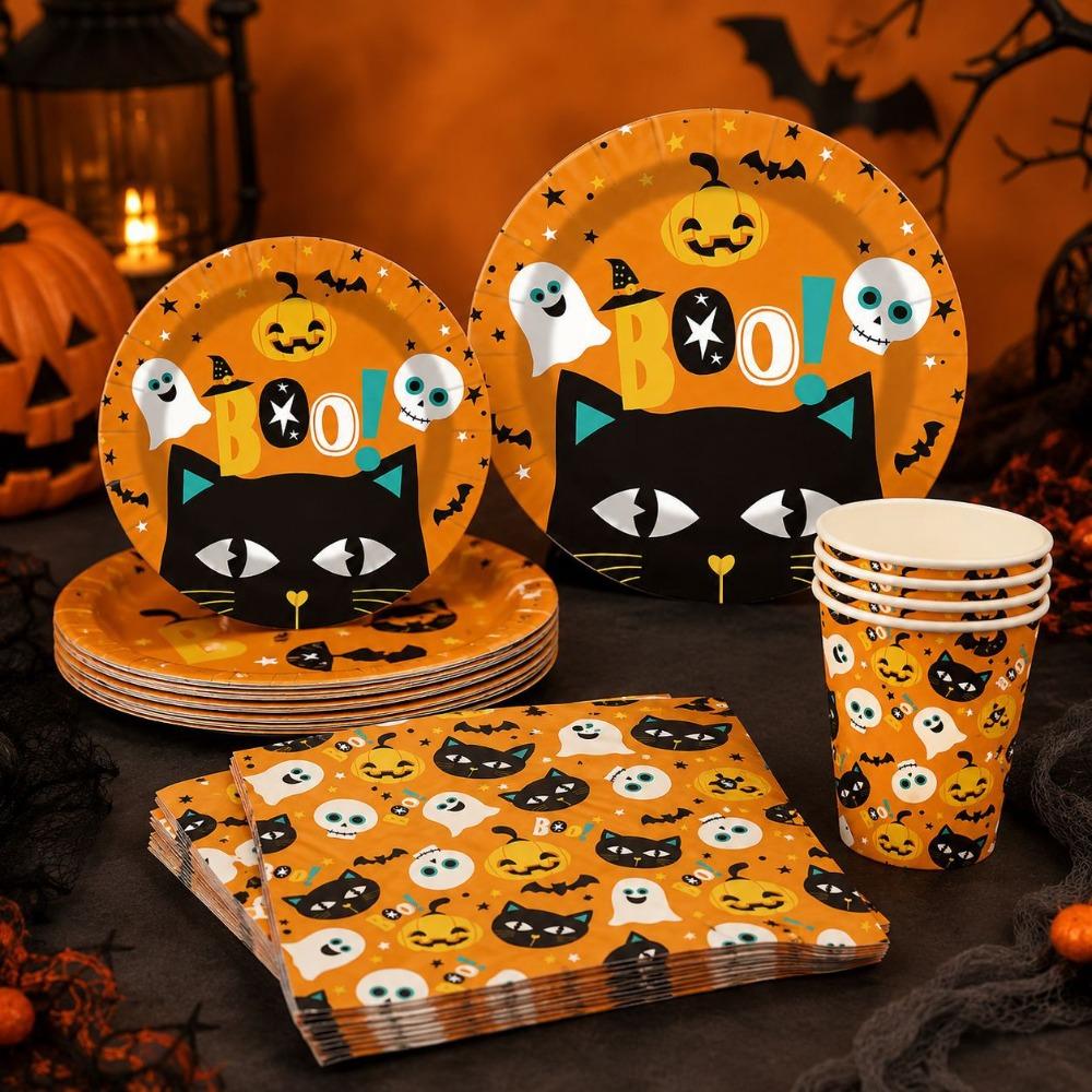 Decorative Disposable Plate Cup Set Pumpkin Pattern Disposable Utensils Set  Ghost Festival