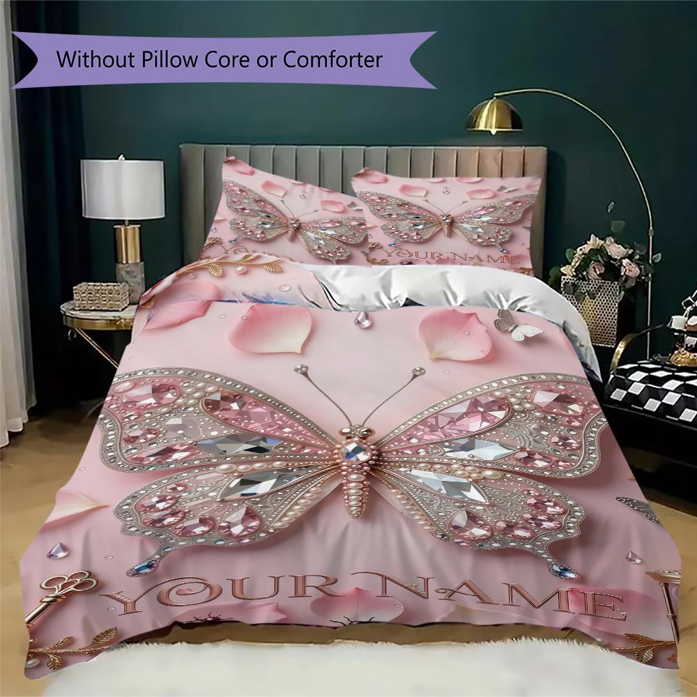 Custom Name Elegant Butterfly Lace Bedding,Quilt Set Quilt Cover Pillowcase Home Birthday Gift(1 * Duvet Cover + 2 * Pillowcase, Without Core)_lx