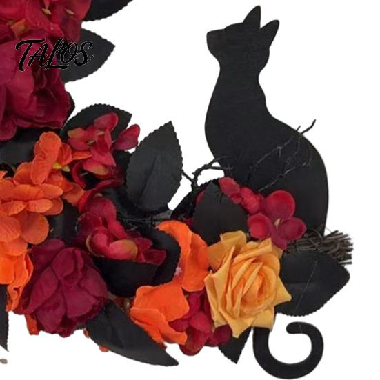 Halloween Wreath for Front Door Black Cat Moon Wreath, Gothic Crescent with Artificial Fall Rose Flowers Home Porch Wall Decor Floral