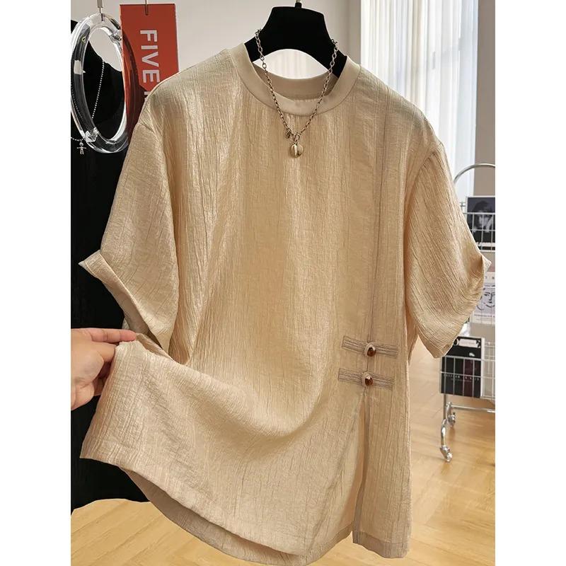 New Chinese Style Short-sleeved T-shirt for Women Loose Buckle Slit Textured Pleated Top