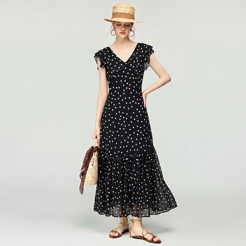 Rochie de vacanță de vară cu decolteu în V, cu buline și croială tip coadă de pește