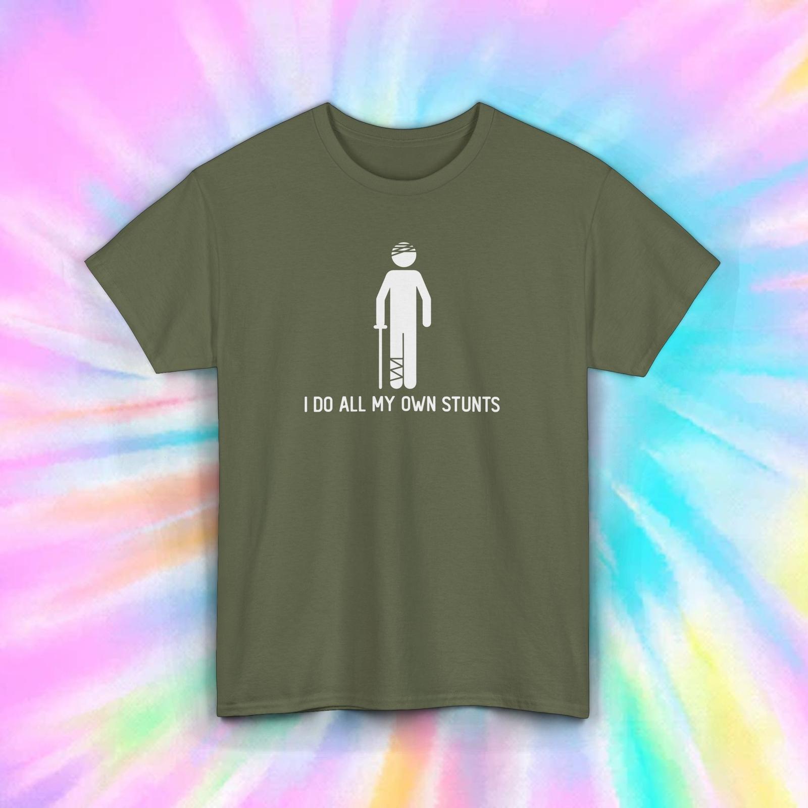 I Do All My Own Stunts Funny Injury Graphic T-Shirt Humor Crutches Tee S-5XL S