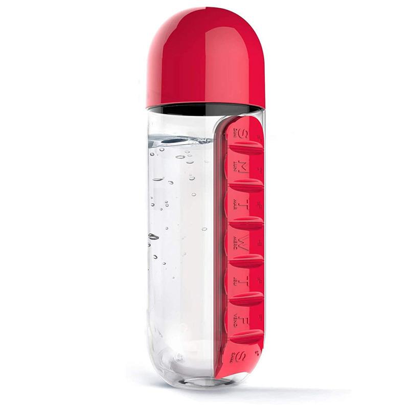 2-in-1 600ml Portable Water Bottle Detachable Large-capacity 7 Day Pill Box Case Weekly Pill