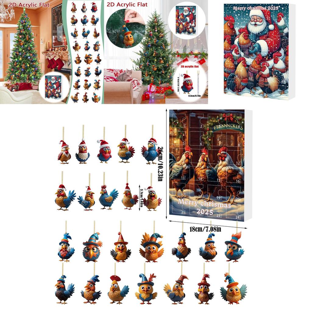 Weihnachts-Adventskalender mit 24 Acryl-Hahn-Dekorationen für die Feiertage