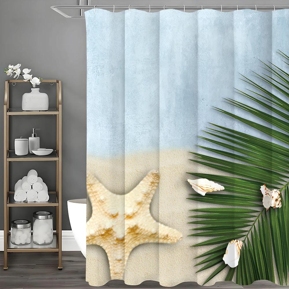 

Занавеска для душа Ocean Shell Starfish Palm Leaf, Декоративная занавеска для ванной комнаты, Водонепроницаемая занавеска для душа с крючками W90xH180cm