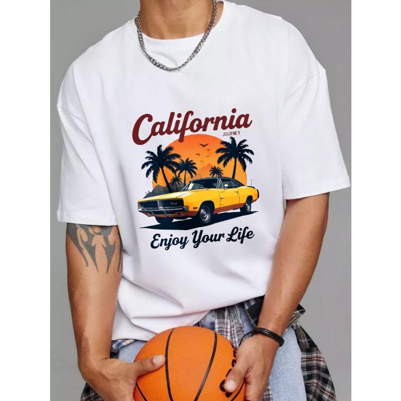 

California Journey T Shirt White Classic Car Palm Tree Sunset Design Enjoy Your Life Graphic Printfor Men Summer Outfit Streetwear Fashion S