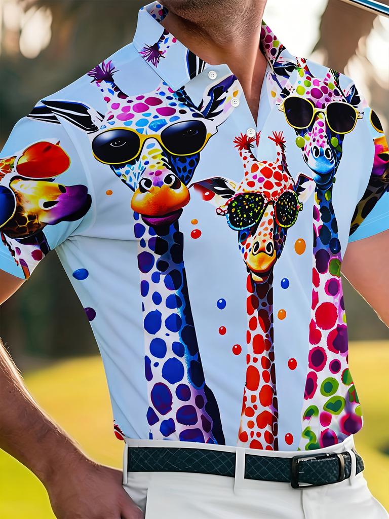 Men's Short-Sleeve Polo Shirt with Giraffe Print Lapel Collar - Button-Up Button-Front Suitable for Dates, Beach Vacations, Summer Outfits | Machine
