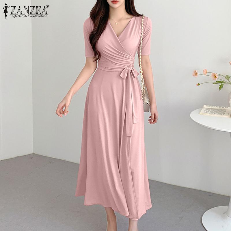 

ZANZEA женское летнее повседневное тонкое длинное платье с коротким рукавом и v-образным вырезом с разрезом подол