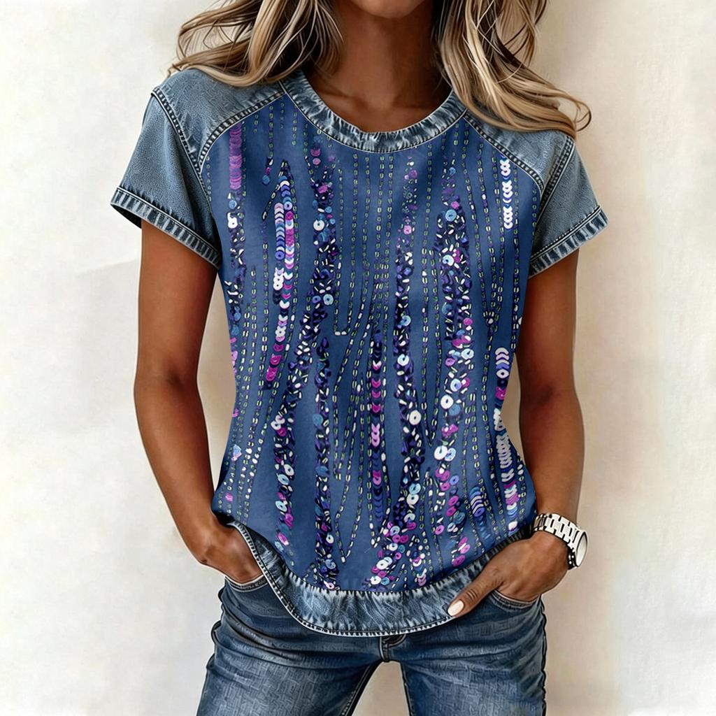 Top da Donna Casual a Manica Corta Patchwork Stampato Girocollo Vestibilità Larga T-shirt Blusa con Cuciture Stile Denim per Uso Quotidiano