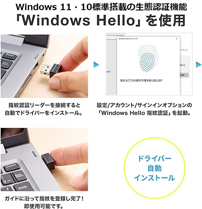 Sanwa Direct USB Fingerprint Reader with Windows Hello, Windows 11 and 10 Support, Supports up to 10 Fingerprints, 400-FPRD1