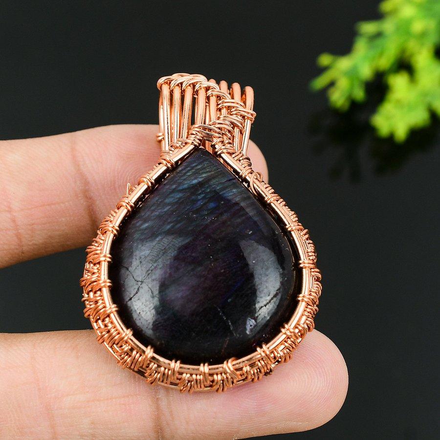 Natural Purple Labradorite Gemstone Copper Wire Wrap Gift Pendant 2.05 H9V35