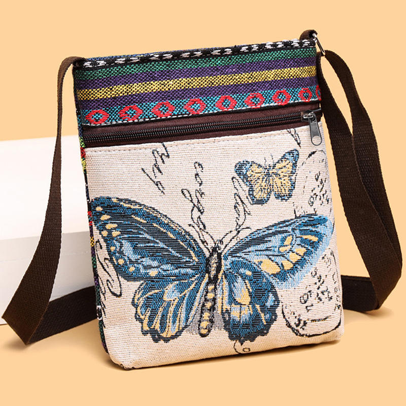 Retro Ethnic Style Shoulder Bag Canvas Embroidered Phone Crossbody Messenger Bag Travel Outdoor Casual Simple All-Mastch Women Small Bag