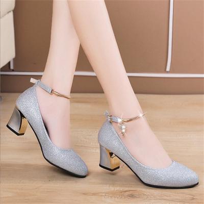 New Women's Shoes Fashion Thick Heel Women High Heels Wedding Gold Party Nightclub Pointed Toe Sequin Buckle Shoes for Women