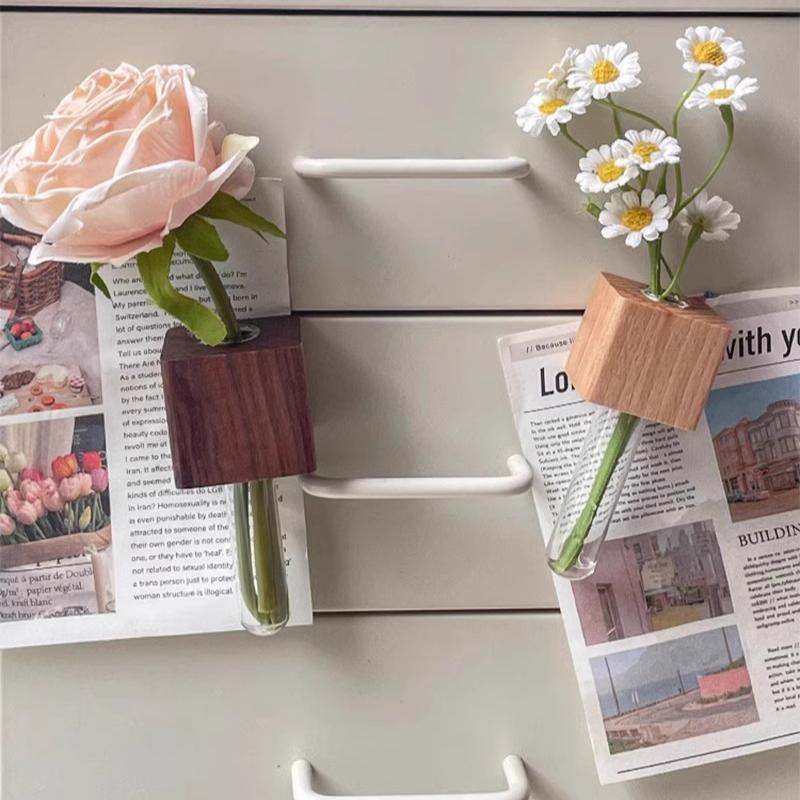 New Solid Wood Magnetic Vase for Refrigerator Decoration Stylish French Design Refrigerator Magnet Fresh Flowers Home Decoration