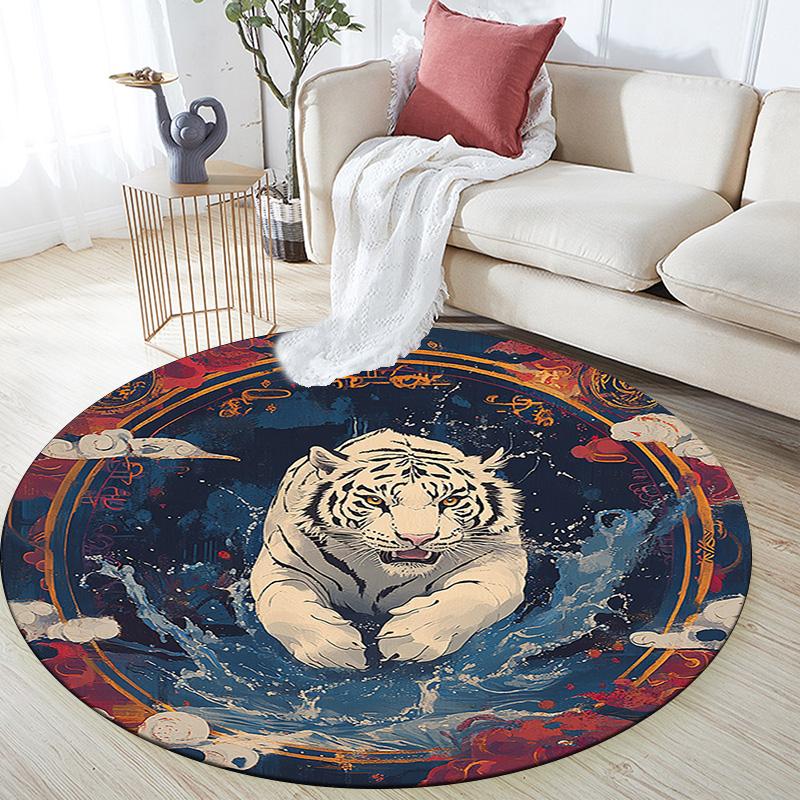 Tiger in Waves Round Area Rug,Carpet Rug for Living Room Bedroom Sofa Playroom Decor,Non-slip Floor Mat