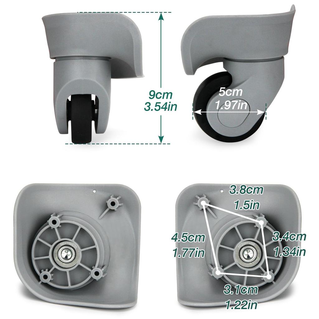 Replacement Suitcase Casters, Perfect for Tire Replacement and Repair, Quiet, 360-Degree Rotation, Easy Assembly, Set of 2 Small, Gray