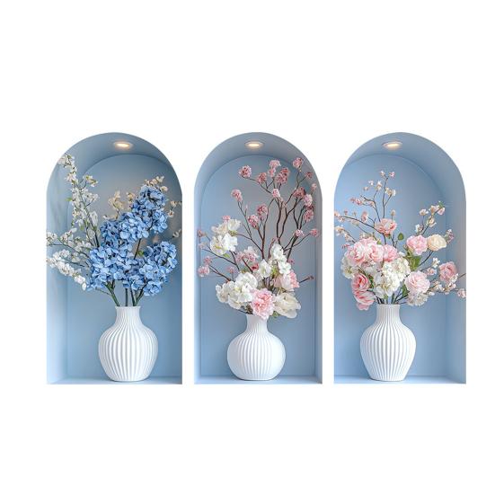 3Pcs 3D Flower Wall Stickers, Realistic Flowers Vase Wall Decals, Waterproof Self-Adhesive Potted Plants Stickers, Greenery Wall Stickers for Living