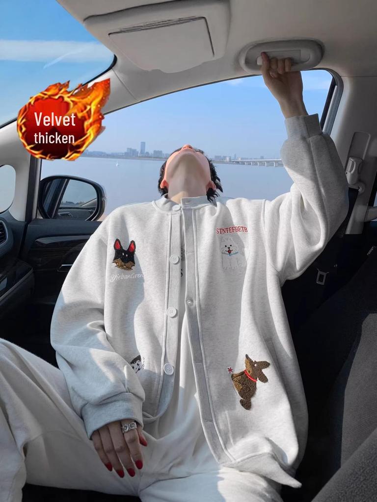 Men's Cartoon Puppy Embroidered Hoodie - Autumn/Winter Plus Velvet Casual Jacket