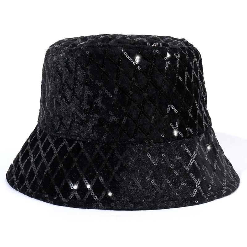 Spring and Autumn New Golden Velvet Bucket Hat Women, Fashionable Personality Sequined Grid Sunshade Washbasin Hat