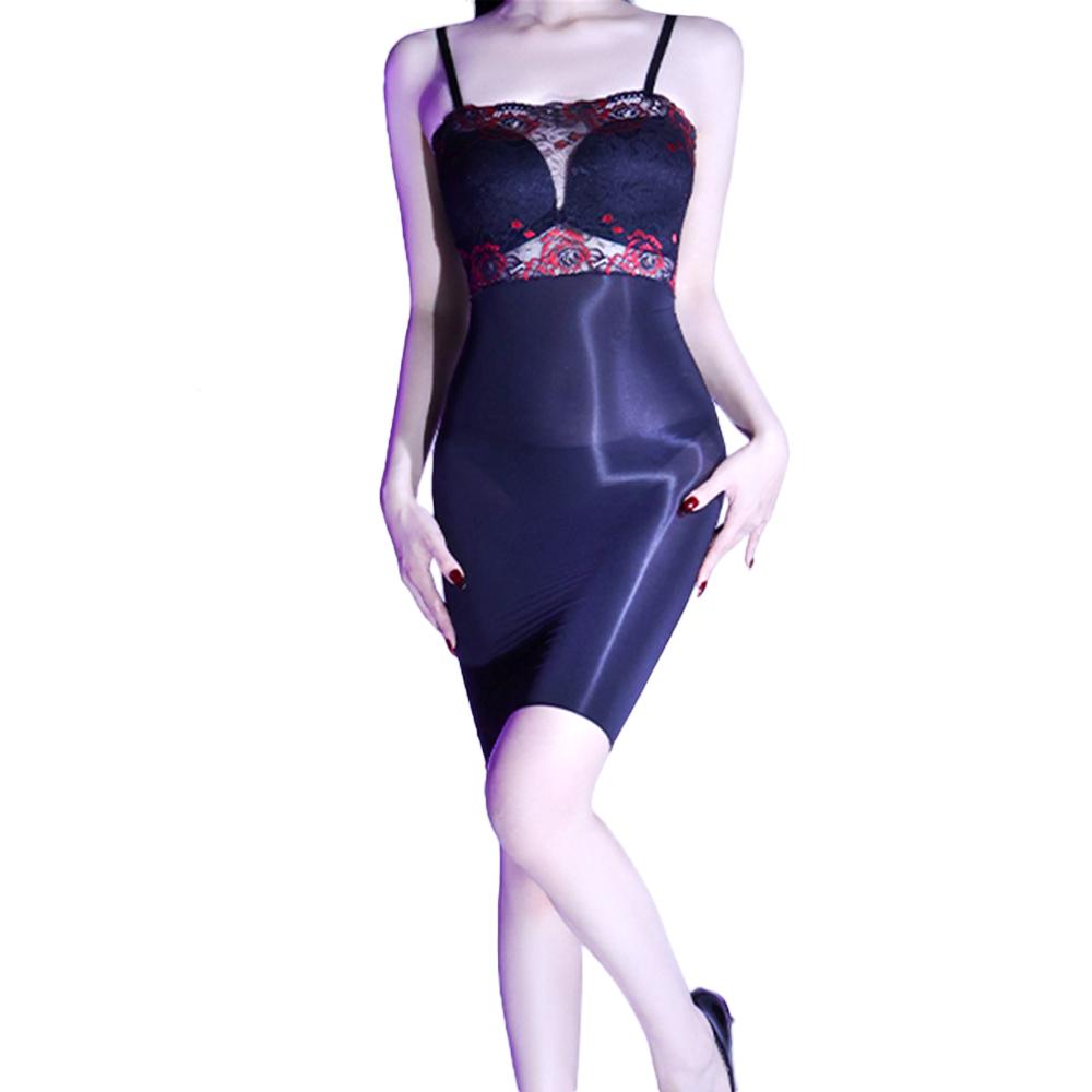 Sexy Women Lace Micro Mini Dress 8D Elastic Bodycon Dress Stripe Oil Glossy Shiny Sheer See Through Cosplay Maid Cute Dress