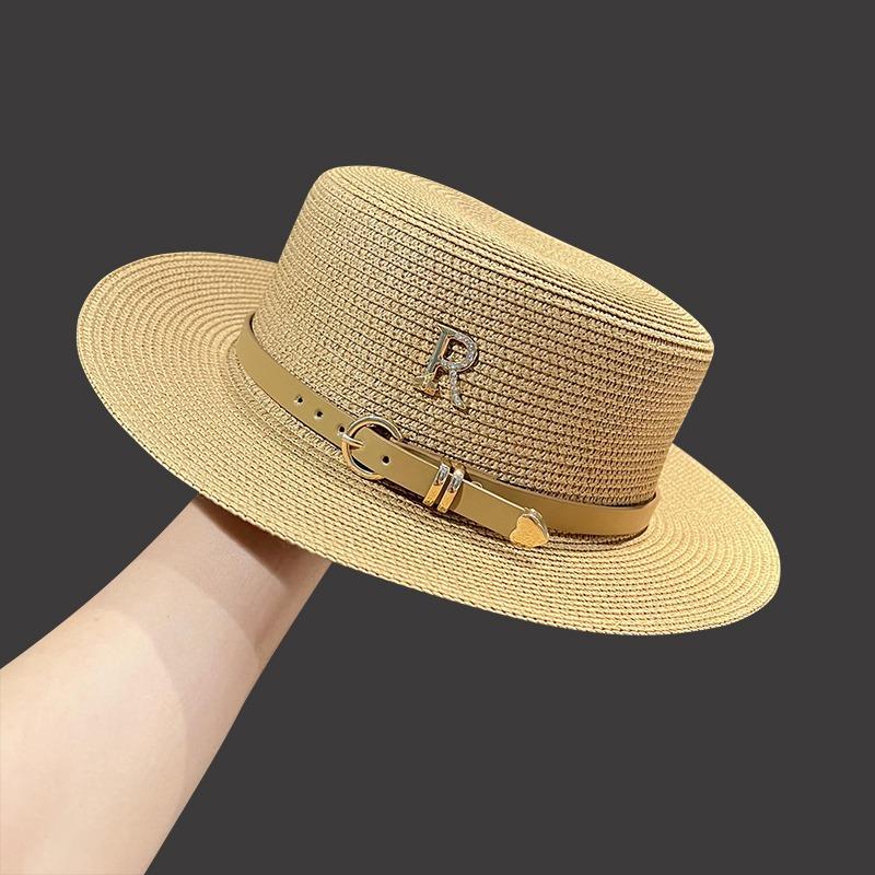 Straw Hat Women's Summer Vacation Seaside Rhinestone Letter R Belt Personalized British Retro Flat-top Sunshade Hat