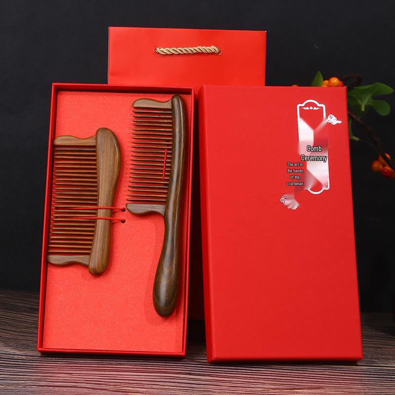 Green Sandalwood Carved Long-Handled Massage Comb for Women