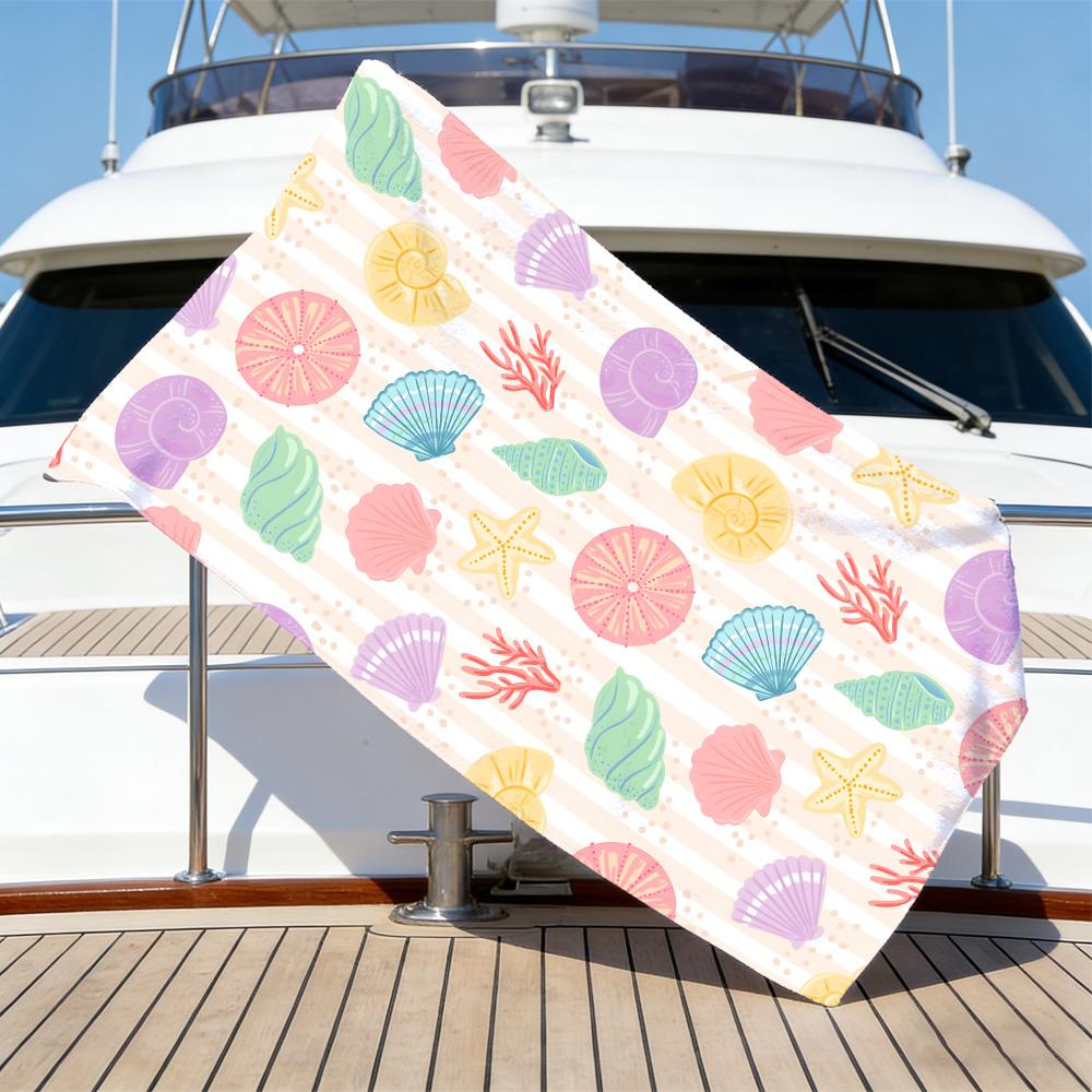 Cute Coastal Beach Towel – Soft Absorbent Microfiber with Pastel Shell & Coral Print for Summer