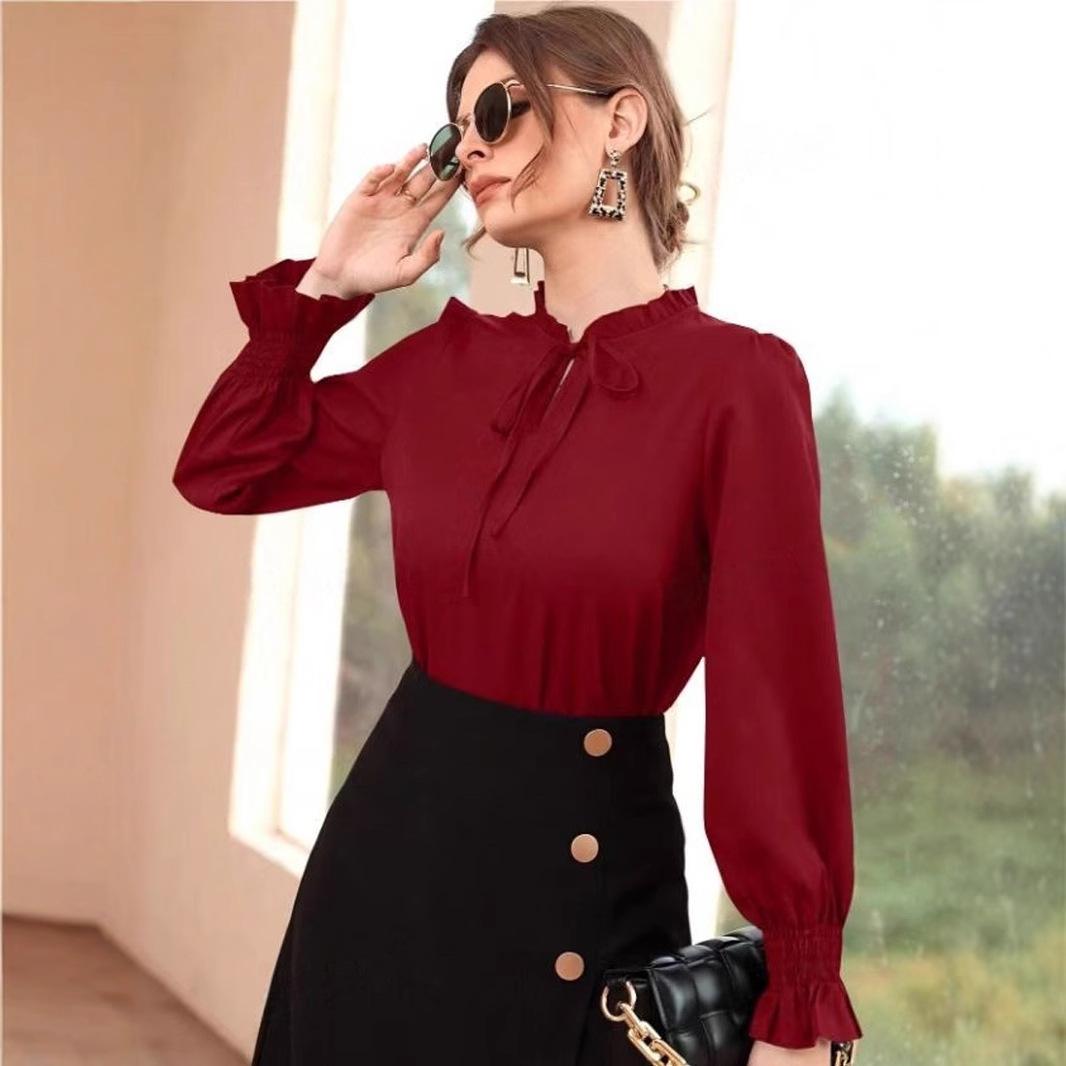 Women Purple Ruffle Collar Puff Long Sleeve Elastic Cuff Blouse S