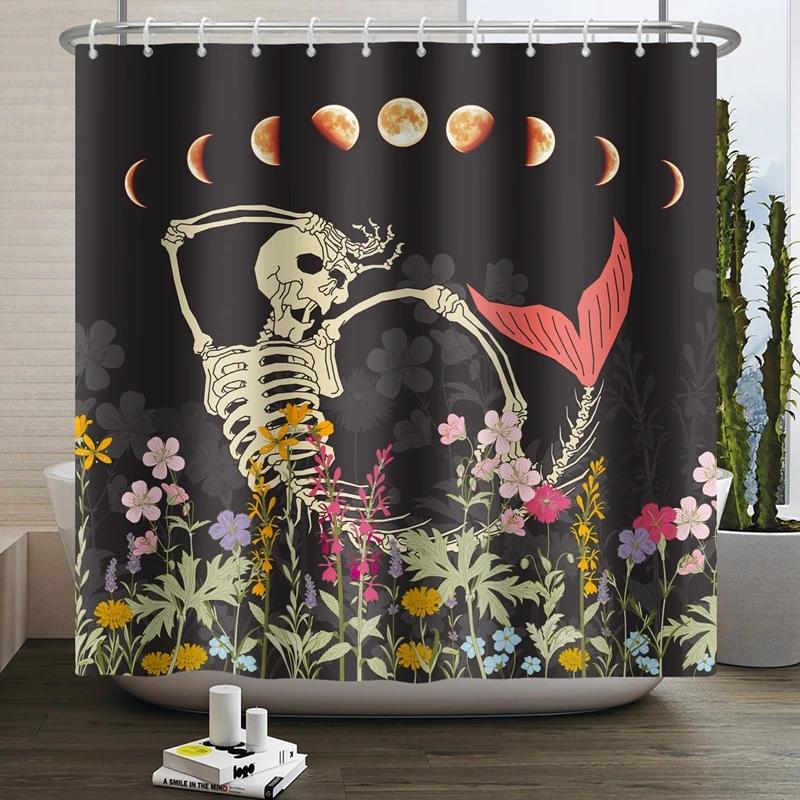 Floral Skull Shower Curtain Mushroom Gothic Halloween Bathroom Decor Curtain Skeleton Butterfly Vintage Artwork Bathtub Curtain